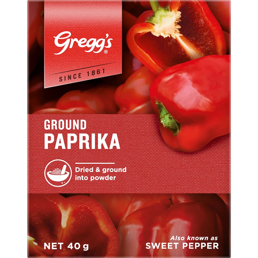 Greggs Paprika Ground spice with mild sweetness, enhances dishes with vibrant red color and flavor, perfect for diverse cuisines.