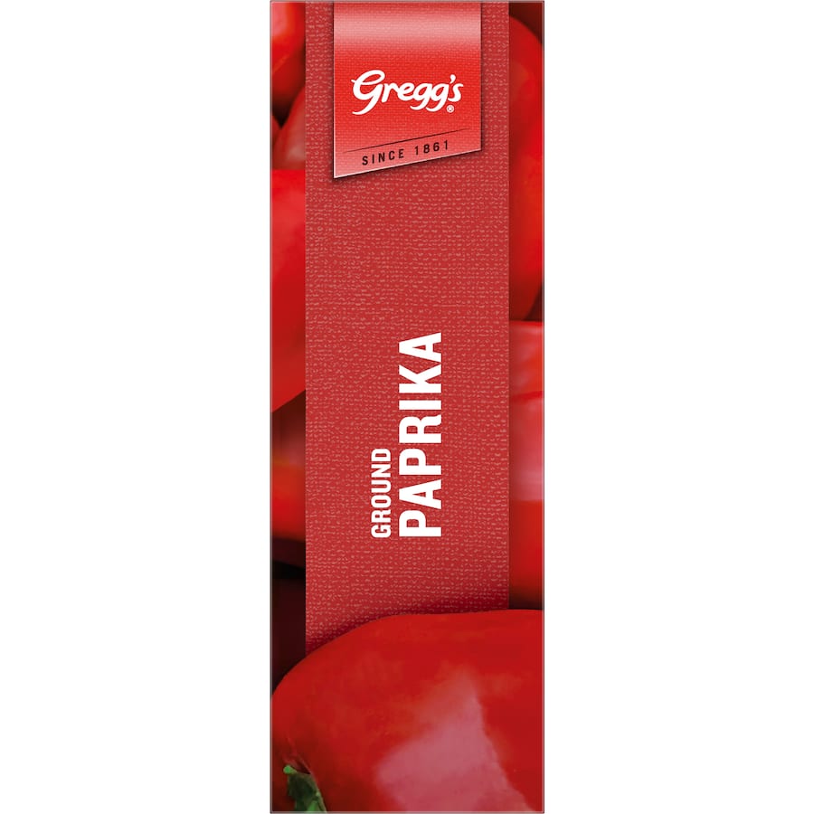 Bright red Greggs Paprika Ground, a versatile spice with a mild, sweet flavor for enhancing various dishes and cuisines.