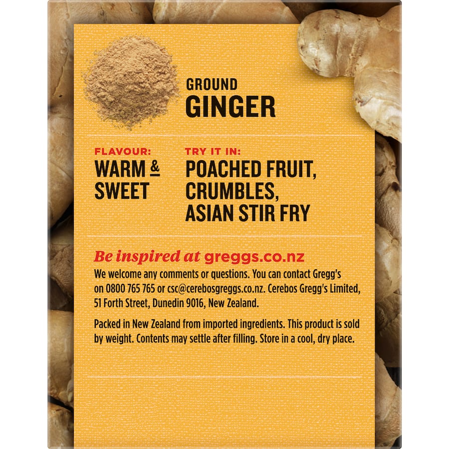 Ground ginger powder in a pack, ideal for enhancing sweet and savory dishes with a warm, intense flavor.