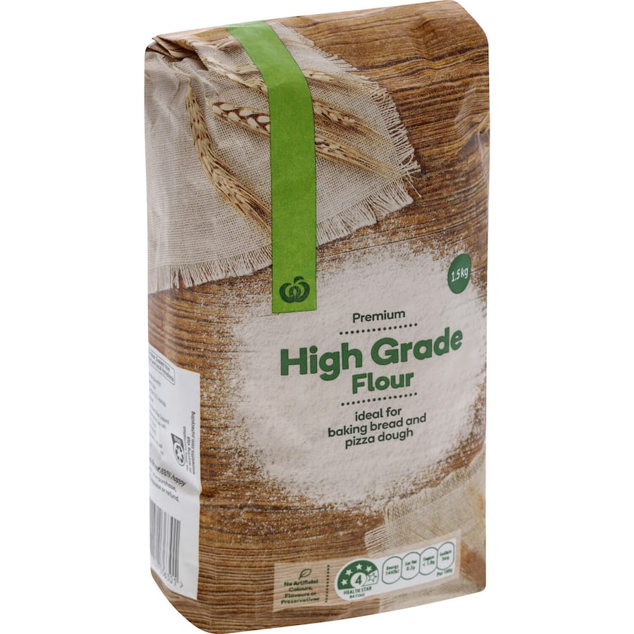 Woolworths High Grade Flour package featuring 100% premium wheat; perfect for baking bread, pizza, and pastries.