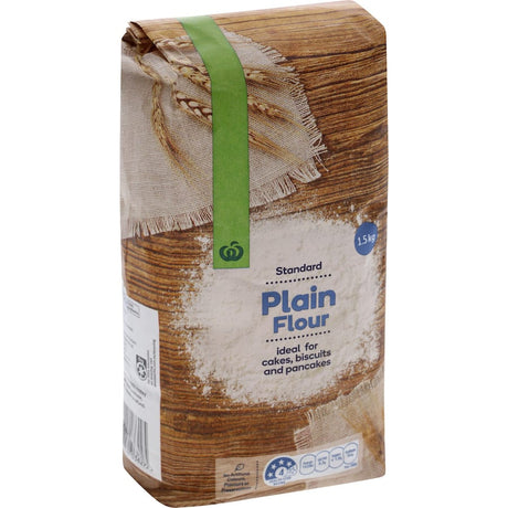 Woolworths Plain Flour 1.5kg bag, made from 100% wheat, ideal for baking cookies, pancakes, and cakes without additives.