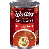 Wattie's Condensed Tomato Soup can, featuring rich flavor, versatility for meals, and 99% fat-free, wholesome ingredients.