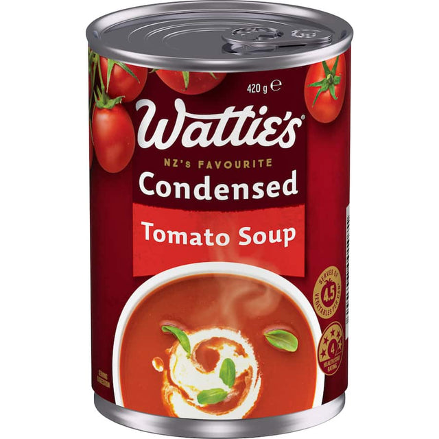 Wattie's Condensed Tomato Soup can, featuring rich flavor, versatility for meals, and 99% fat-free, wholesome ingredients.