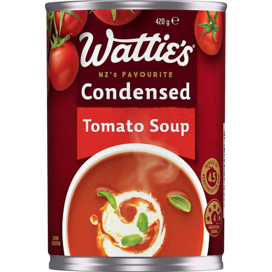 Wattie's Condensed Tomato Soup can, perfect for easy meals, 99% fat-free, and a wholesome pantry essential.