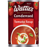 Wattie's Condensed Tomato Soup can, perfect for easy meals, 99% fat-free, and a wholesome pantry essential.