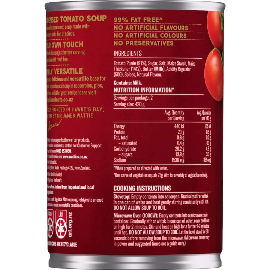 Wattie's Condensed Tomato Soup can, perfect for quick meals, 99% fat-free, and packed with flavor and nutrition.