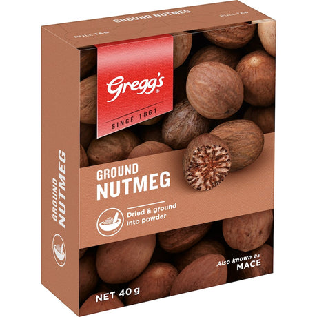 Greggs Nutmeg Ground in a jar, perfect for enhancing sweet and savory dishes with its rich, warm, and nutty flavor.