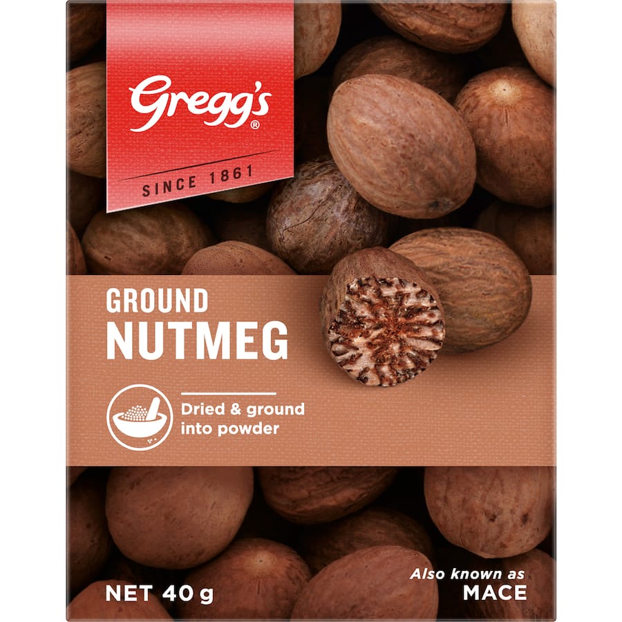 Aromatic Greggs Nutmeg Ground spice enhances dishes with its warm, nutty flavor perfect for sweet and savory cooking.