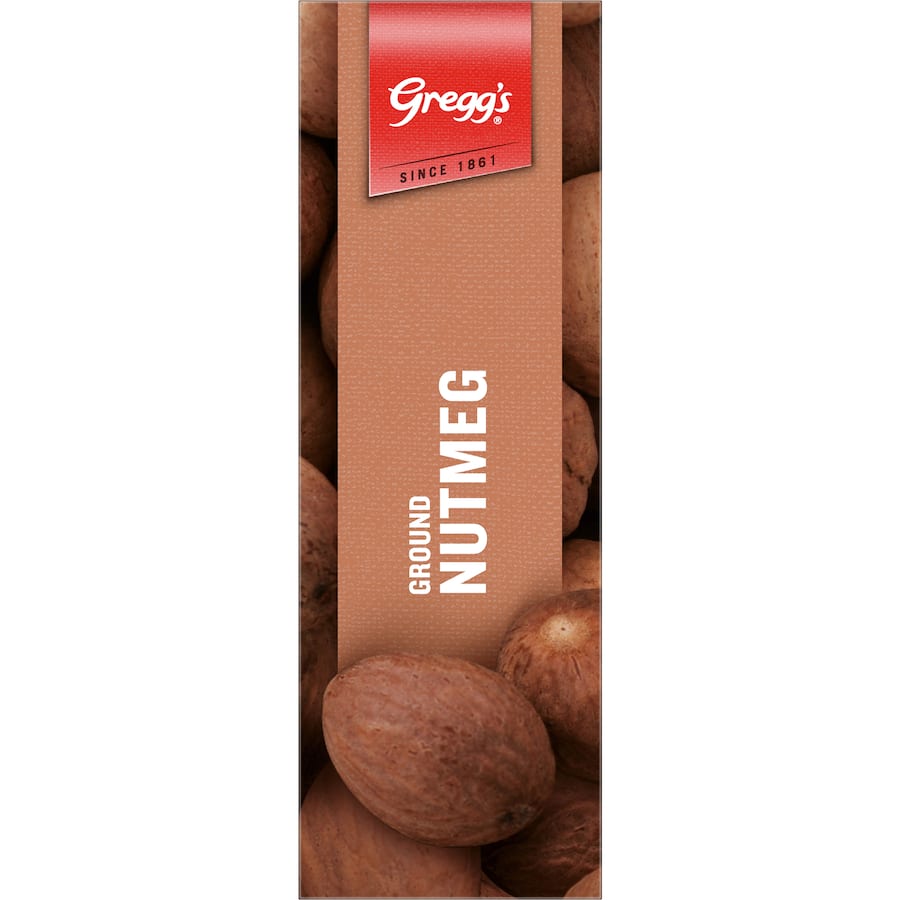 Ground nutmeg from Greggs, ideal for enhancing sweet and savory dishes with rich, warm flavor and aroma.