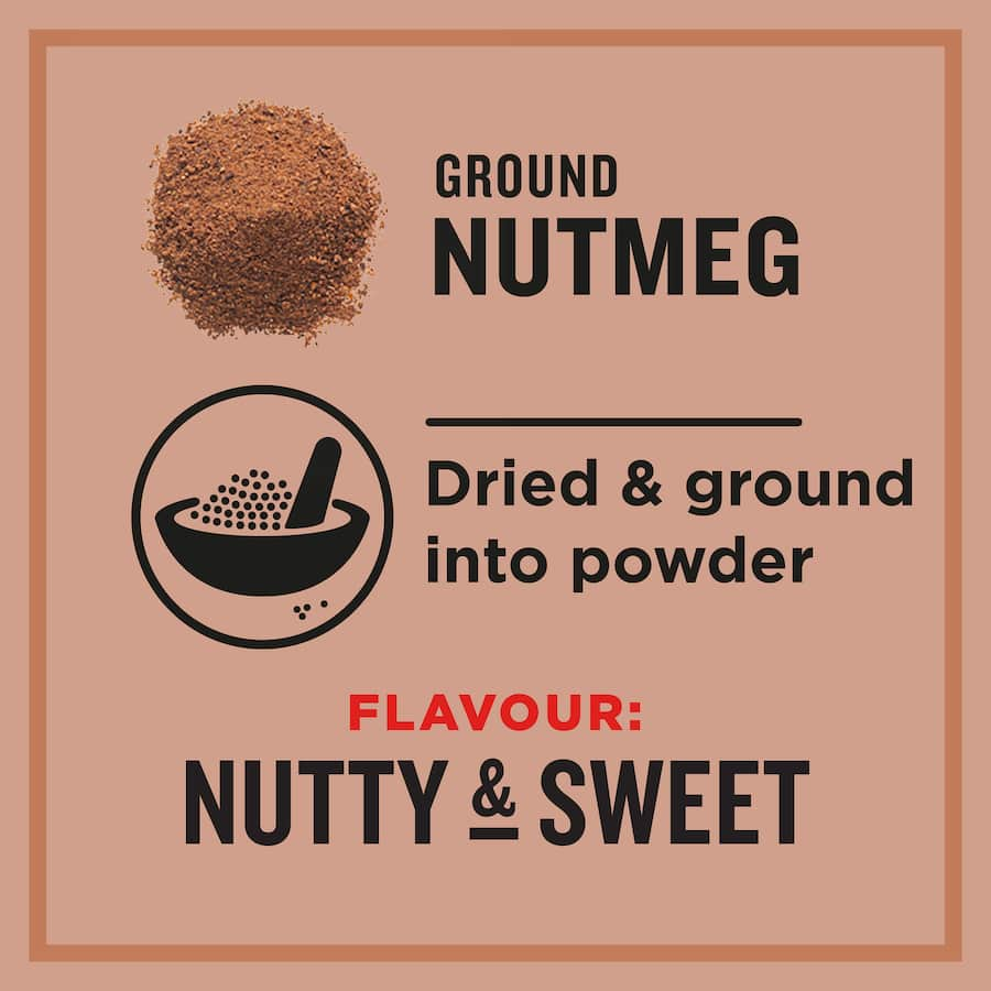 Ground nutmeg in a sleek packaging, perfect for enhancing both sweet and savory dishes with its rich, aromatic flavor.