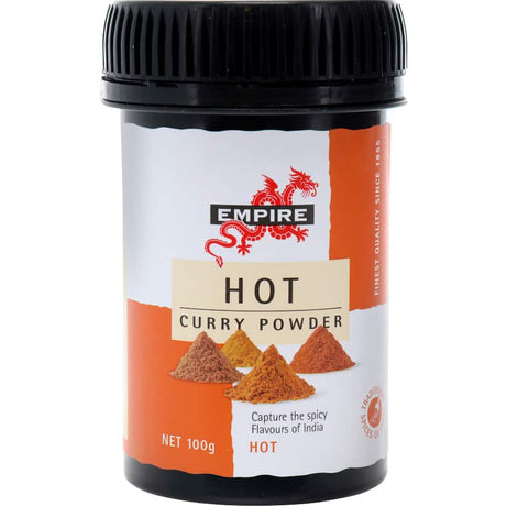 Empire Curry Powder Hot Indian in a vibrant pack, perfect for spicing up authentic Indian dishes with robust heat and flavor.