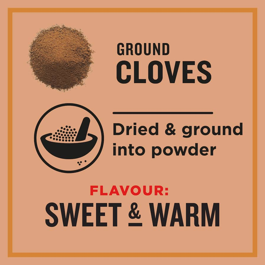 Ground cloves by Greggs, a sweet and warm spice perfect for baking and marinades, enhances dishes like muffins and pumpkin pies.