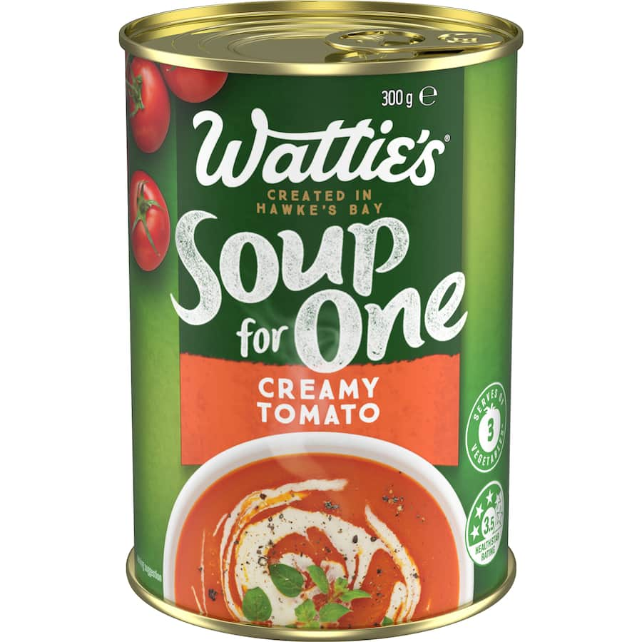 Wattie's Soup for One Creamy Tomato in a can, perfect for quick, nutritious solo meals with 97% fat free and 3 serves of vegetables.