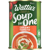 A can of Wattie's Creamy Tomato Soup for One, showcasing its rich color and label, perfect for quick solo meals.