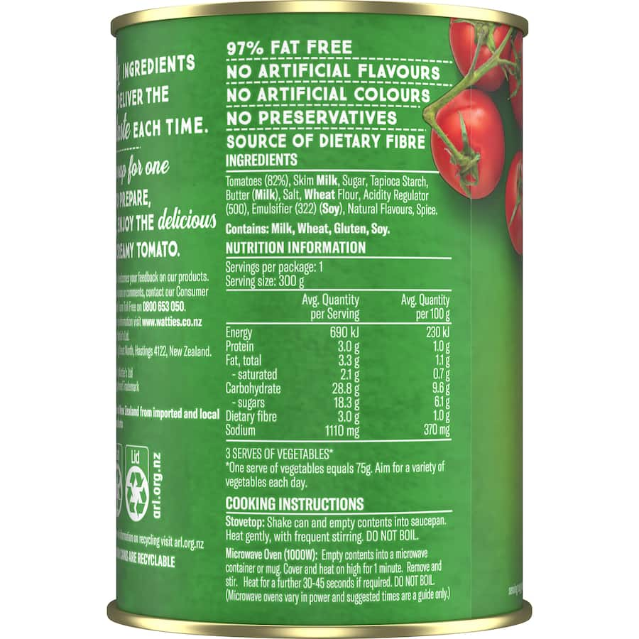 Wattie's Soup for One Creamy Tomato, a nutritious 97% fat-free canned soup rich in flavor and dietary fiber for solo dining.