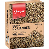 Ground coriander powder in a container, known for its nutty and citrus flavor, perfect for curries, soups, and marinades.