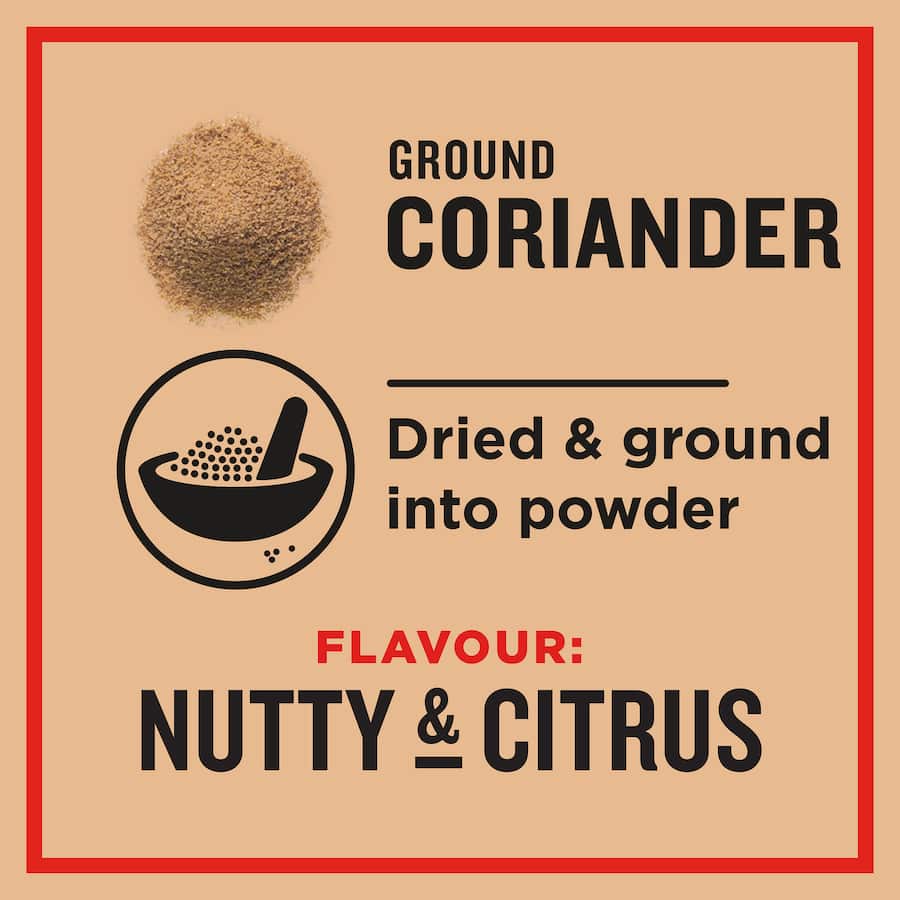 Ground coriander from Greggs, showcasing a fine powder ideal for enhancing curries, soups, and salads with nutty, citrus flavors.