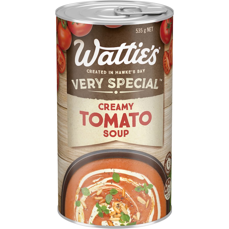 Wattie's Very Special Creamy Tomato Soup in a can, rich and nourishing, 98% fat-free with no artificial additives.