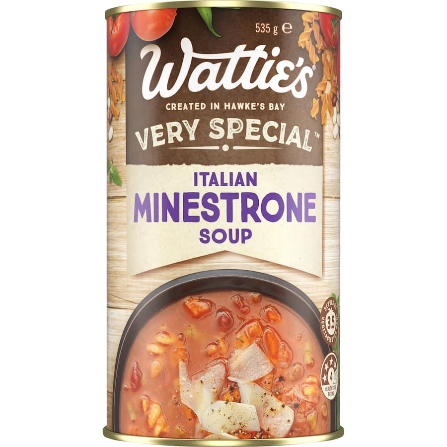 Wattie's Italian Minestrone canned soup with fresh veggies, hearty beans, spiral pasta, and no artificial preservatives.