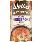 Wattie's Italian Minestrone canned soup with fresh veggies, hearty beans, spiral pasta, and no artificial preservatives.