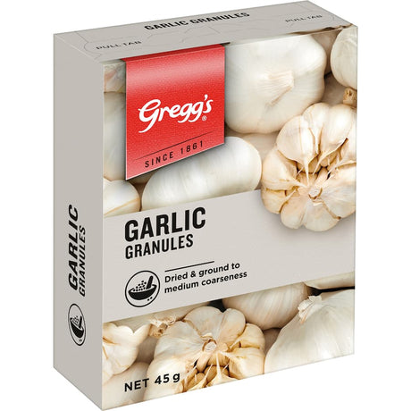 Close-up of Greggs Garlic Granules in a jar, offering a robust flavor for cooking, perfect for rubs, marinades, and garlic bread.