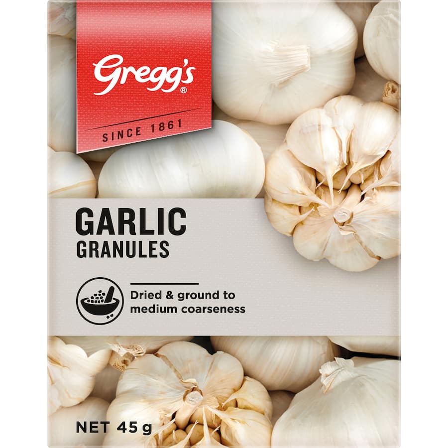 Greggs Garlic Granules provide robust flavor, perfect for enhancing meals, marinades, and savory spreads effortlessly.