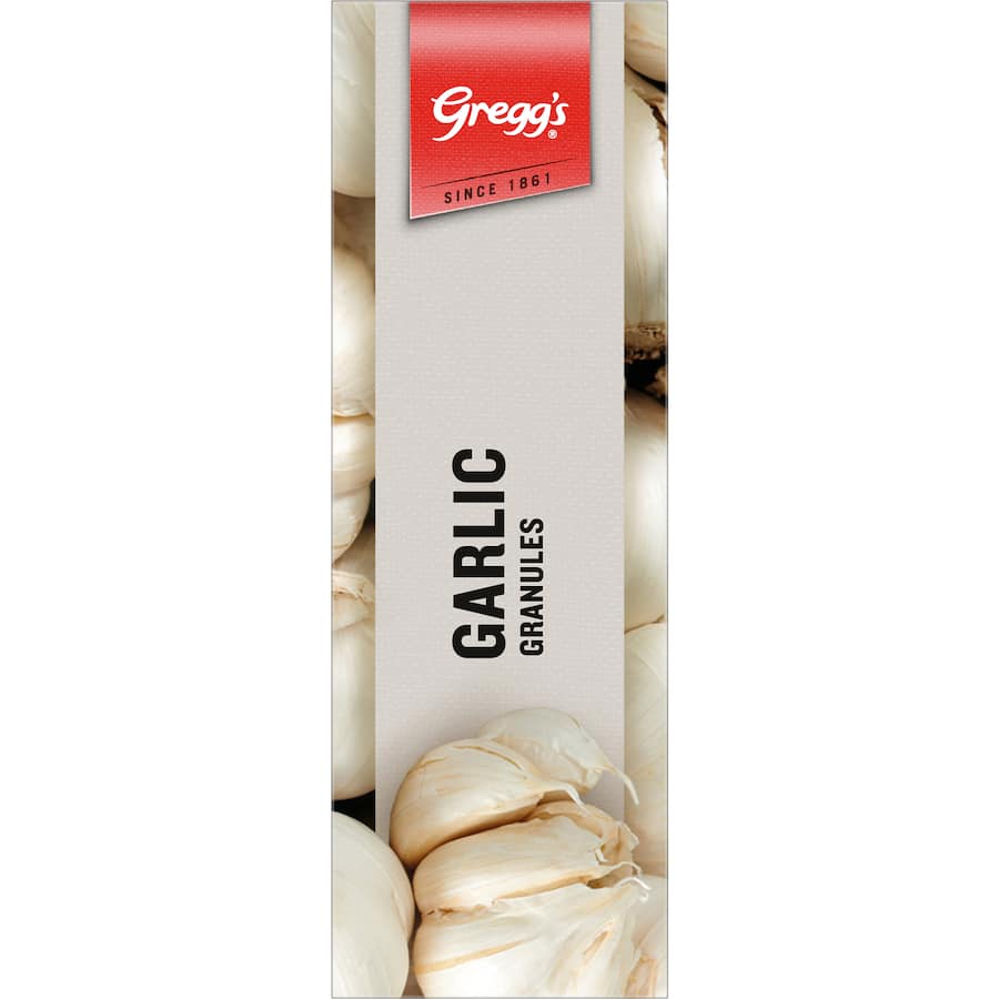 Greggs Garlic Granules in a clear container, ideal for enhancing meals with robust garlic flavor in various dishes.