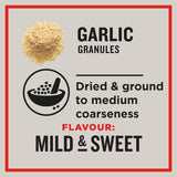 Greggs Garlic Granules in a jar, offering robust flavor for cooking, ideal for marinades, rubs, and garlic bread.