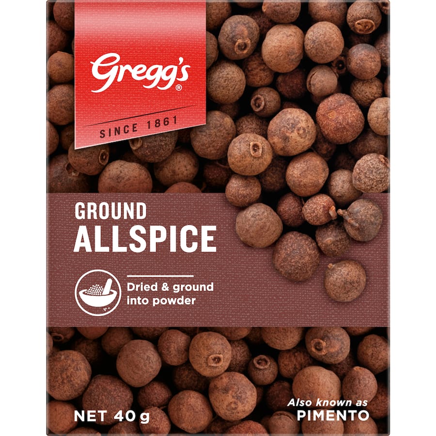 Ground allspice in a clear pouch, featuring a blend of sweet and floral notes for enhancing both sweet and savory dishes.