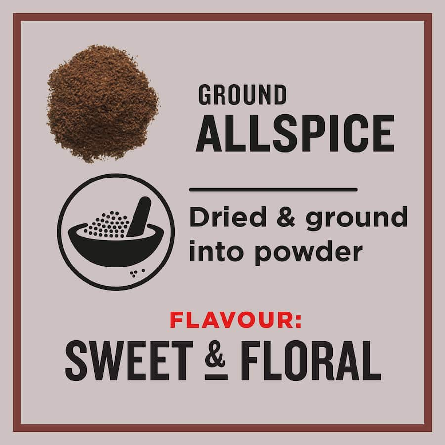 Ground allspice powder in a package, known as pimento, enhances sweet and savory dishes with a sweet, floral flavor.