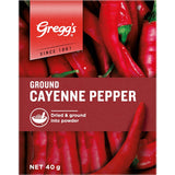 Ground cayenne pepper in a 40g packet, ideal for adding intense heat to dishes like fajitas, guacamole, and chili.