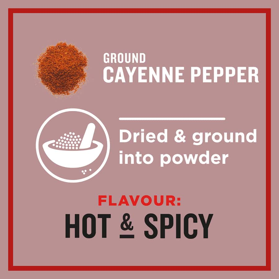 Ground cayenne pepper in a 40g packet, ideal for adding heat to dishes like fajitas, guacamole, and chili con carne.