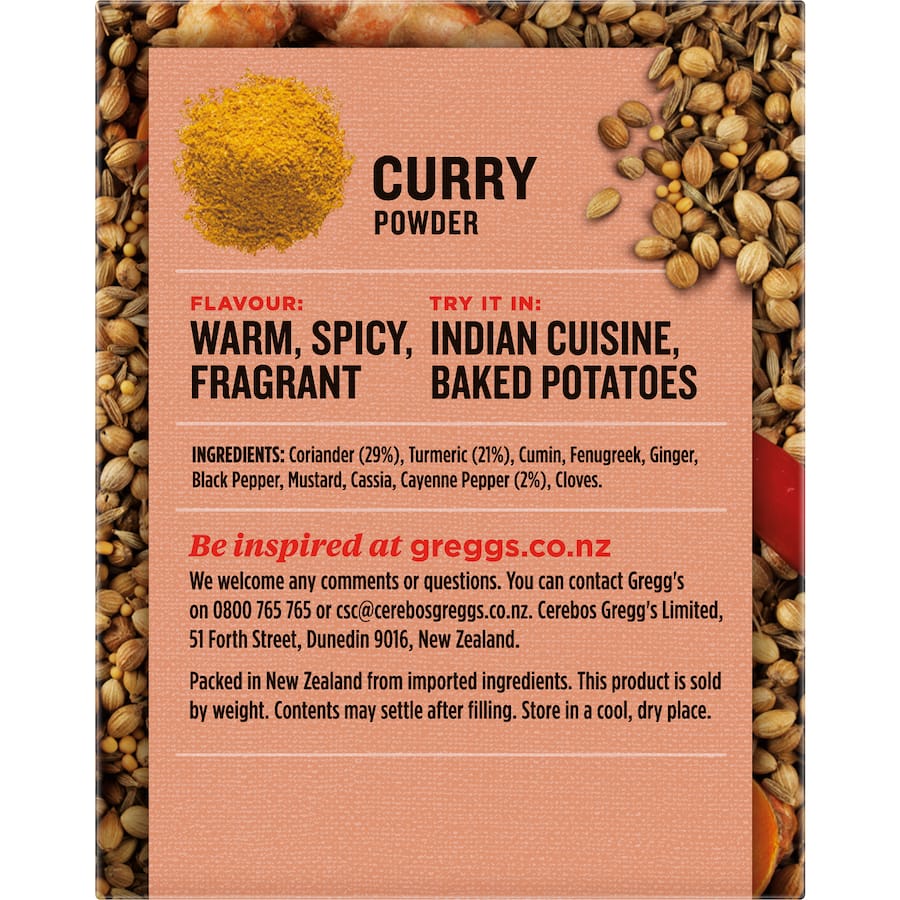 Greggs Curry Powder: a vibrant blend of 10 spices, perfect for enhancing curries, baked potatoes, and everyday meals.