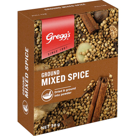 Ground spice blend featuring coriander, cinnamon, and cloves, perfect for festive baking and savory Moroccan dishes.