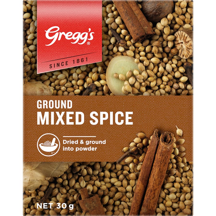 Greggs Mixed Spice Ground, a warm blend of spices ideal for baking and Moroccan dishes, enhancing sweet and savory meals.