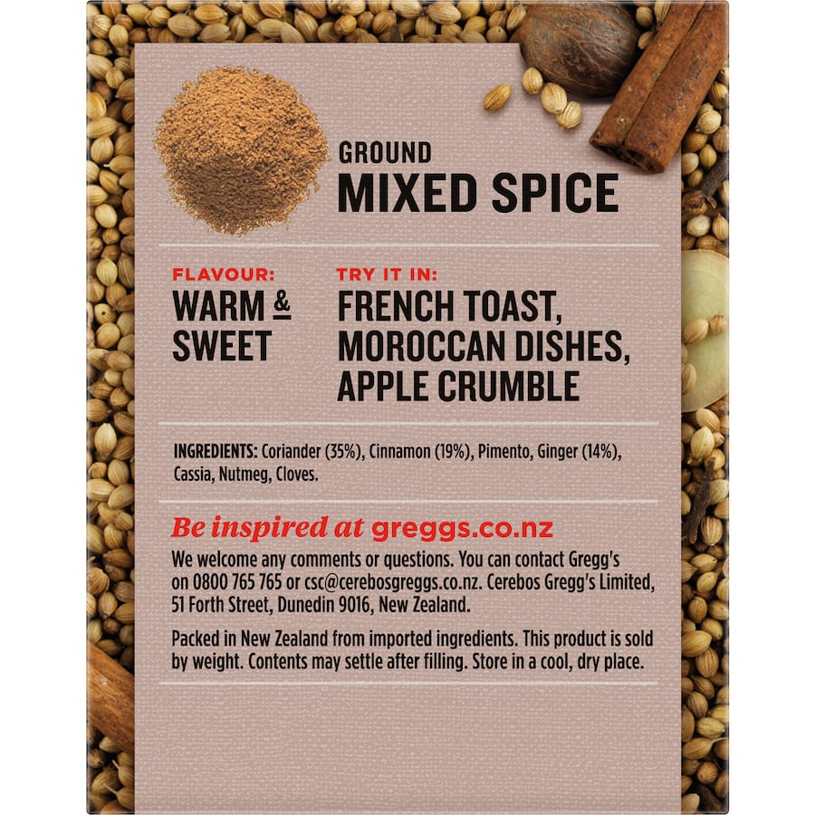 Greggs Mixed Spice Ground: a warm, sweet blend of spices perfect for holiday baking and savory Moroccan dishes.