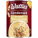 Wattie's Condensed Creamy Chicken Soup features tender chicken, corn, and carrots in a rich, versatile 98% fat-free formula.