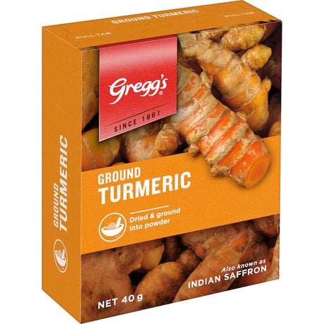 Vibrant yellow-orange turmeric powder from Gregg's, ideal for enhancing curries, rice, and soups with a mild, earthy flavor.