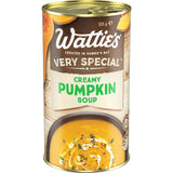 A can of Wattie's Very Special Creamy Pumpkin Soup, showcasing rich pumpkin flavor and creamy texture, perfect for quick meals.