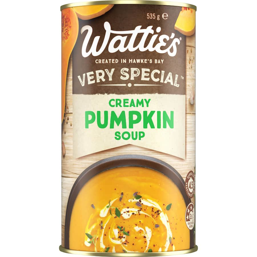 Wattie's Very Special Creamy Pumpkin Soup in a can, featuring rich flavor, creamy texture, and 4.5 vegetable servings.