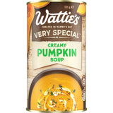 Wattie's Very Special Creamy Pumpkin Soup in a can, featuring rich flavor, creamy texture, and 4.5 vegetable servings.