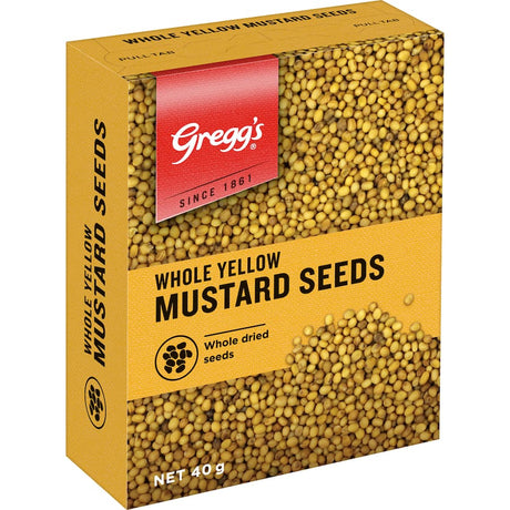 Whole yellow mustard seeds from Gregg's, offering a mild tangy flavor for salads, chutneys, and dressings.