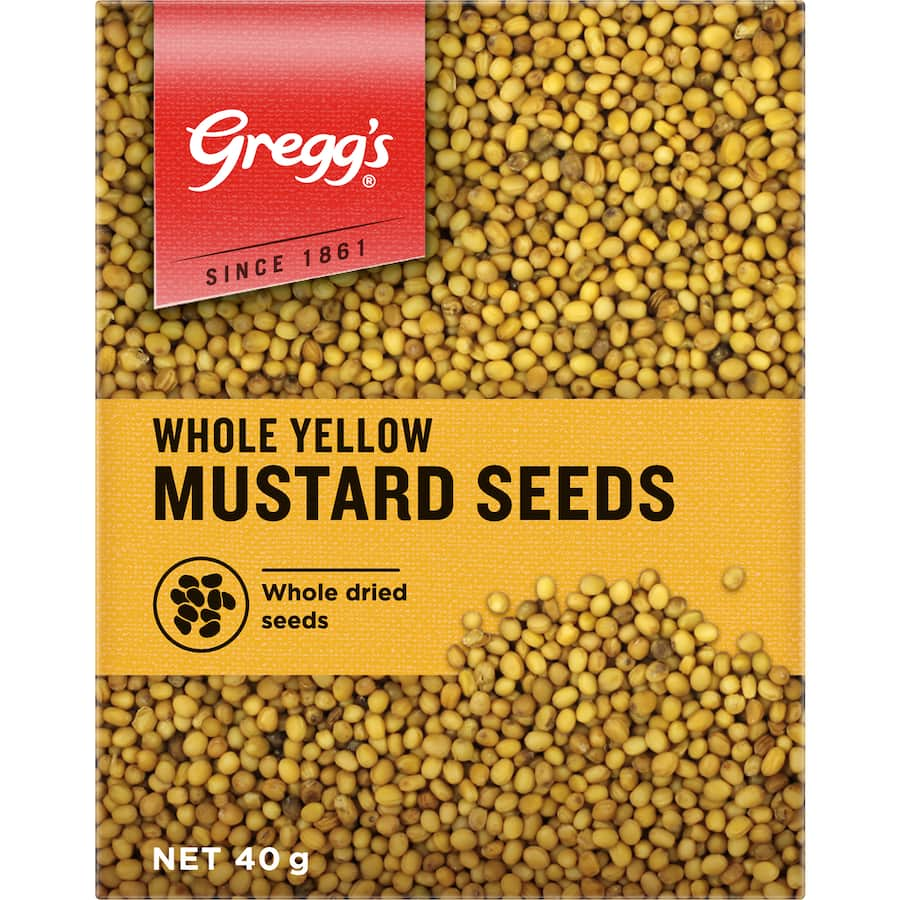 Whole yellow mustard seeds by Greggs, offering a mild tangy flavor for salads, dressings, chutneys, and meats.