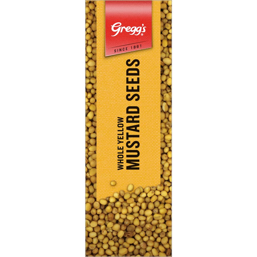 Whole yellow mustard seeds from Gregg's, offering a mild, tangy flavor for salads, chutneys, and dressings.