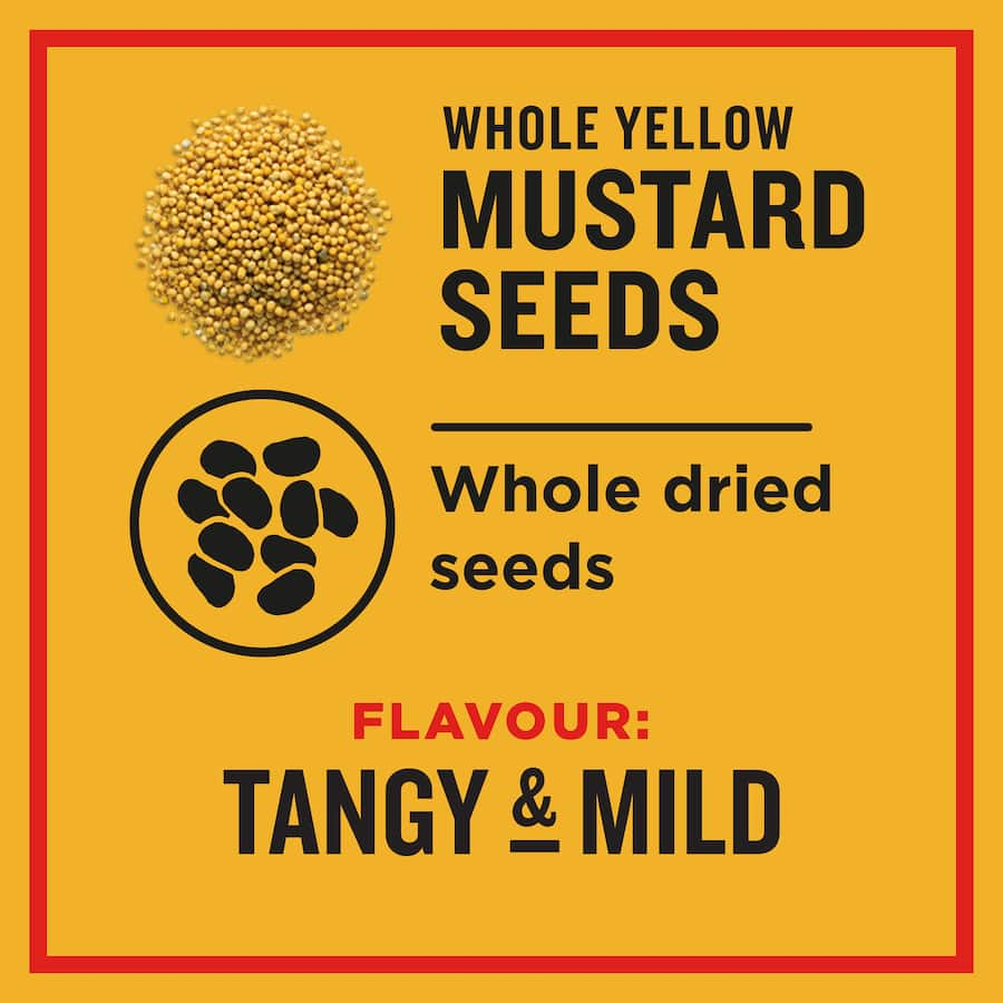 Whole yellow mustard seeds from Greggs, offering a tangy, mild flavor for chutneys, dressings, salads, and meat dishes.