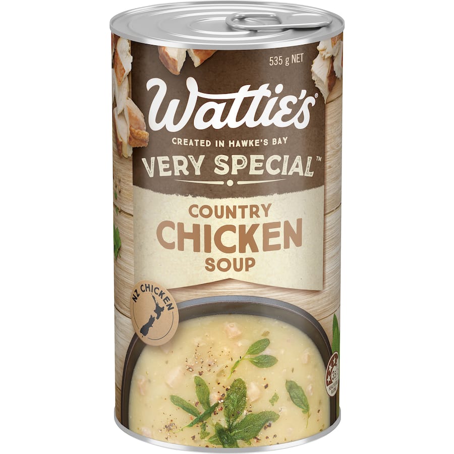 Hearty Wattie's Country Chicken Soup in a can, made with NZ chicken, 98% fat-free, perfect for quick meals.