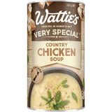 A can of Wattie's Very Special Soup Country Chicken, featuring New Zealand chicken, 98% fat-free, and ready to heat for meals.