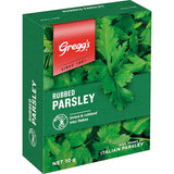 Aromatic Greggs Parsley Rubbed in fine flakes, perfect for enhancing savory dishes like mashed potatoes and sauces.