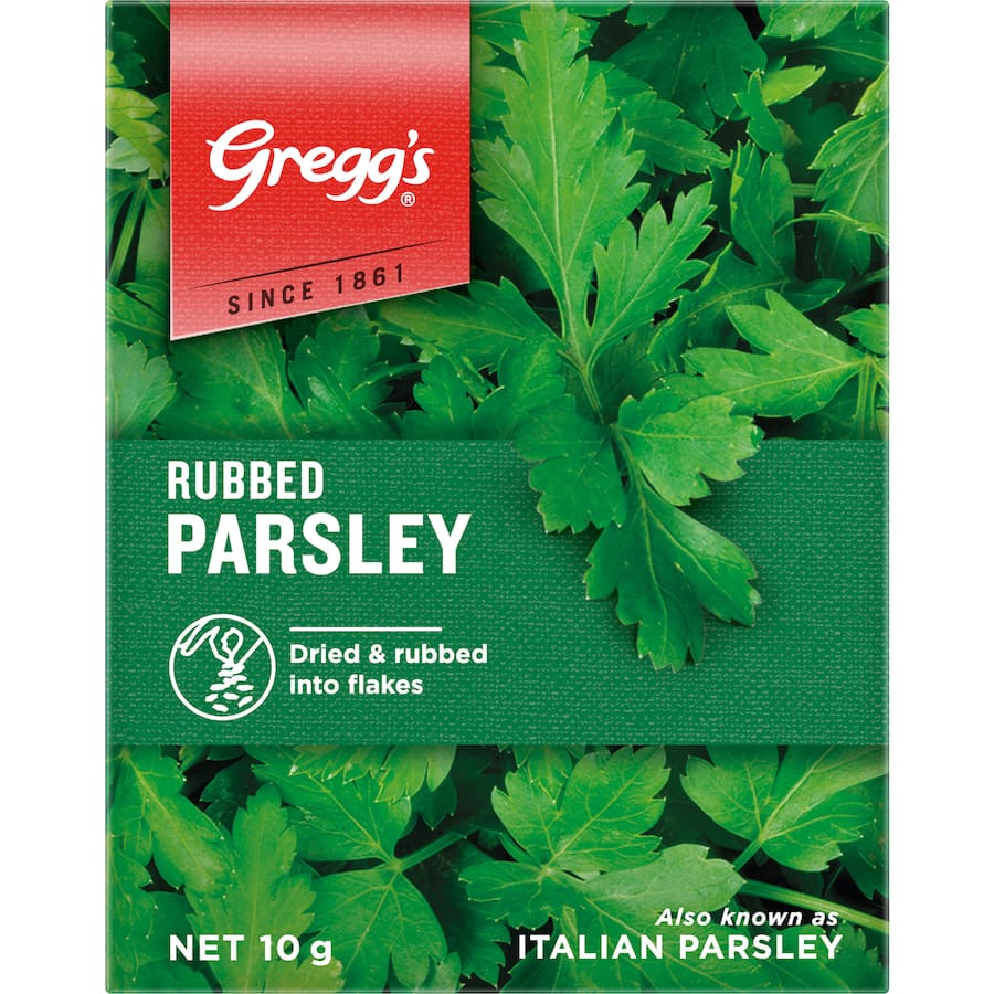 Dried and rubbed Greggs Parsley, vibrant green flakes ideal for enhancing flavor in dishes like mashed potatoes and sauces.