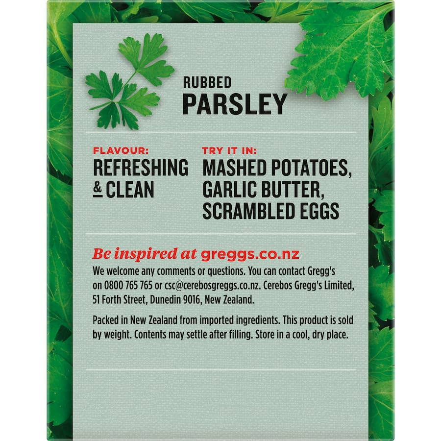 Dried and rubbed Greggs Parsley, vibrant green flakes for enhancing savory dishes like mashed potatoes and garlic butter.